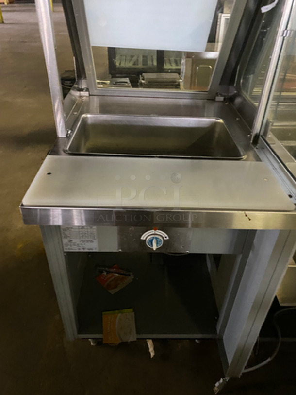 AMAZING! Duke Stainless Steel Commercial Subway Prep Line w/ Lowering Sneeze Guards. (1) Hot Well, (2) Refrigerated Prep Tables, (1) Point of Sale Station, 4 In Counter Cup Dispensers, (4) Chip Merchandisers, Credit Card Machine Mount and Rear Lower Dry Storage. Separates Into 4 Pieces! Model: SUBCPTC60M SN: 03051737 120V 60HZ 1 Phase - Image 6 of 8