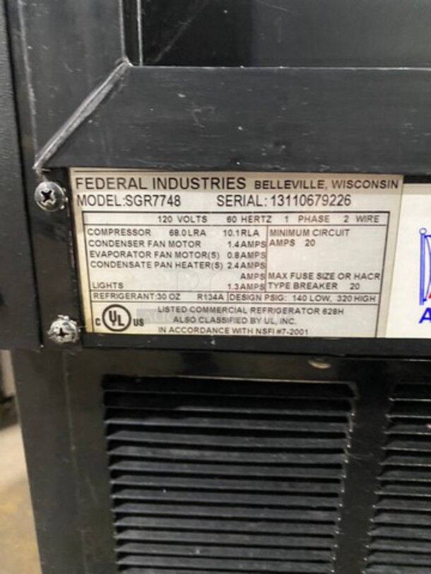 NICE! Federal Industries Commercial Refrigerated Bakery Display Case Merchandiser! With Straight Front Glass! With Sliding Rear Access Doors! WORKING WHEN REMOVED! Model: SGR7748 SN: 13110679226 120V 60HZ 1 Phase - Image 6 of 7