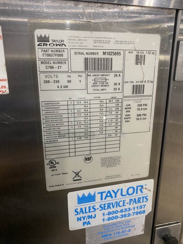 TAYLOR CROWN Taylor C706-27 Stainless Steel Commercial Countertop Air Cooled Single Flavor Soft Serve Ice Cream Machine! On Casters! Model C706-27 Serial M1025895 208-230 Volts, 1 Phase. - Image 5 of 9