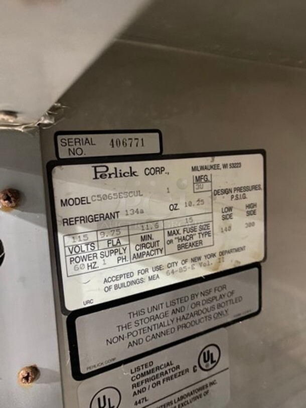 Perlick Commercial 4 Door Bar Back Cooler! With Poly Coated Racks! All Stainless Steel! On Legs! Model: C5065ESCUL SN: 406771 115V 60HZ 1 Phase - Image 9 of 11