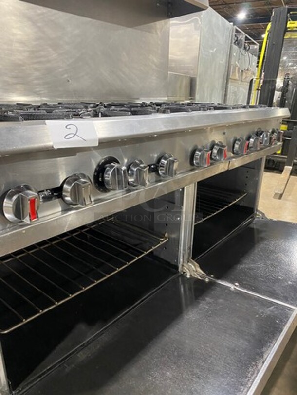 NICE! USR Cookline Commercial Natural Gas Powered 10 Burner Stove! With Raised Back Splash And Salamander Shelf! With 2 Full Size Oven Underneath! All Stainless Steel! On Legs! - Image 9 of 11