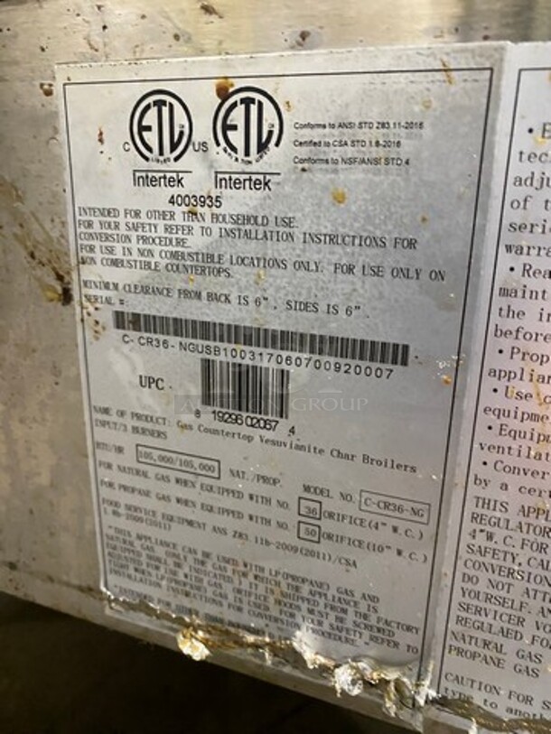 Migali Commercial Countertop Natural Gas Powered Char Broiler Grill! With Back And Side Splashes! All Stainless Steel! On Small Legs! Model: CCR36NG SN: CCR36NGUSB100317060700920007! Working When Removed! - Image 8 of 9