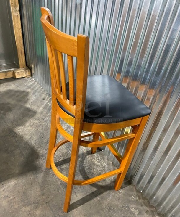 NICE!  NEW! Premium Us Made Vertical Slat Wood Bar Stool! With Black Vinyl Seat! 3x Your Bid! - Image 4 of 6
