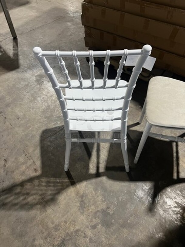 BRAND NEW! White Quality Poly Stackable Dining Chairs! 5 X Your Bid! With Removable Microfiber Seat Cushion! Seat Cushion Comes With Each Chair! - Image 4 of 8