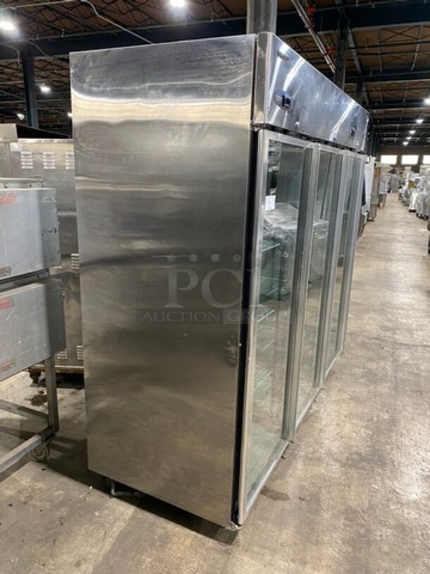 COOL! Hoshizaki Commercial 3 Door Reach In Refrigerator Merchandiser! With View Through Doors! Poly Coated Racks! All Stainless Steel! On Casters! Model: CR3BFGY SN: D80055J 115V 60HZ 1 Phase! Working When Removed! - Image 2 of 12