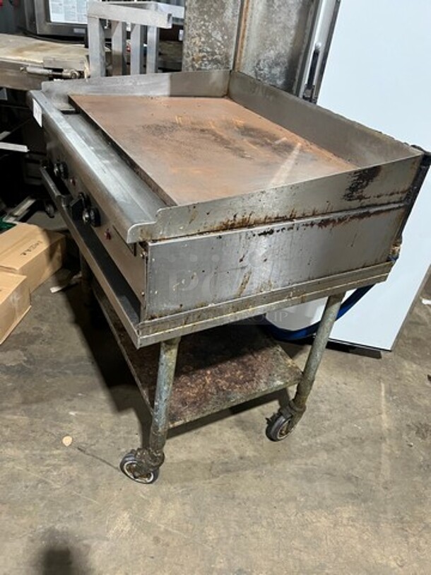 Imperial Commercial Countertop Natural Gas Powered Flat Top Griddle! With Back And Side Splashes! On Legs! On Equipment Stand! With Storage Space Underneath! All Stainless Steel! On Casters! - Image 3 of 7