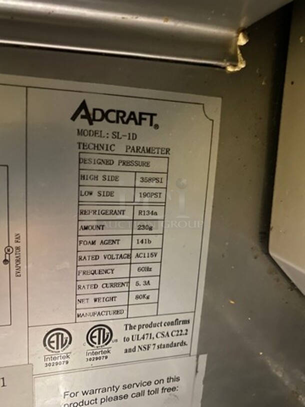 Adcraft Commercial Refrigerated Sandwich Prep Table! With Commercial Cutting Board! Single Door Storage Space Underneath! All Stainless Steel! On Casters! Model: SL1D SN: 6371420414100605 - Image 7 of 9