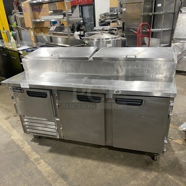 Leader Commercial Refrigerated Pizza Prep Table! With 3 Door Storage Space Underneath! All Stainless Steel! Model: ESPT72SC SN: NP08C2296 115V 60HZ 1 Phase