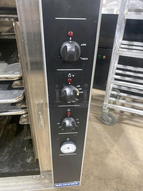 WOW! Moffat Turbofan P8M - Full Size Sheet Pan Manual Electric Proofer And Holding Cabinet! P Series! 8 x full size sheet pan capacity
3" tray spacing
Low velocity circulation fan
Off / proofer / hold mode selection dial
Mechanical thermostat 65-185F
Air heating ON control panel indicator
Humidity level control
Humidity tank ON control panel indicator
Cabinet temperature thermometer
Auto-fill water system standard
Single phase connection!  - Image 2 of 8