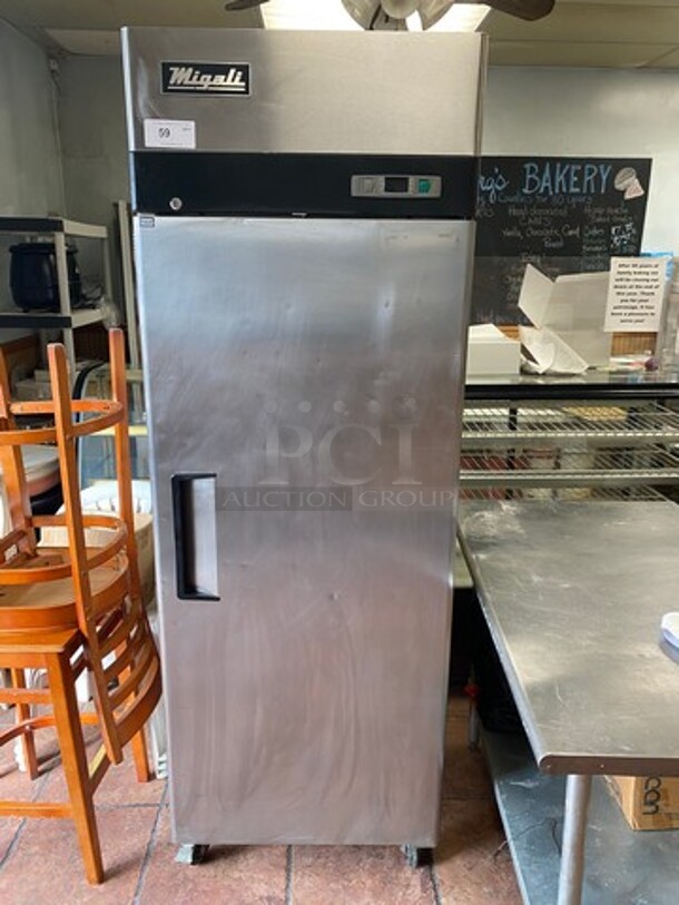 Migali Commercial Single Door Reach-In Freezer! With Poly Coated Racks! Solid Stainless Steel! On Casters! WORKING WHEN REMOVED! Model: C1F SN: C1F15112592010 115V 60HZ 1 Phase