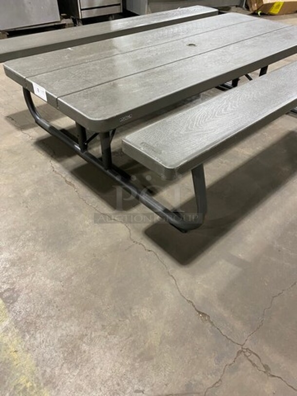 NICE! Lifetime Wooden Pattern Poly Picnic Table! With Dual Side Bench Seats! With Foldable Legs! - Image 2 of 9