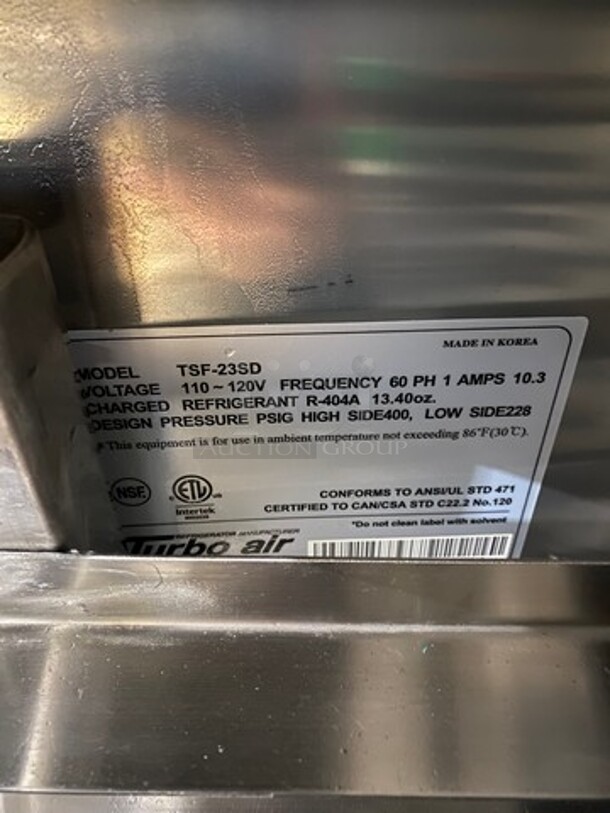 Turbo Air Commercial Single Door Reach In Freezer! With Pan Rack! Solid Stainless Steel! On Casters! Model: TSF23SD 115V 60HZ 1 Phase - Image 7 of 10