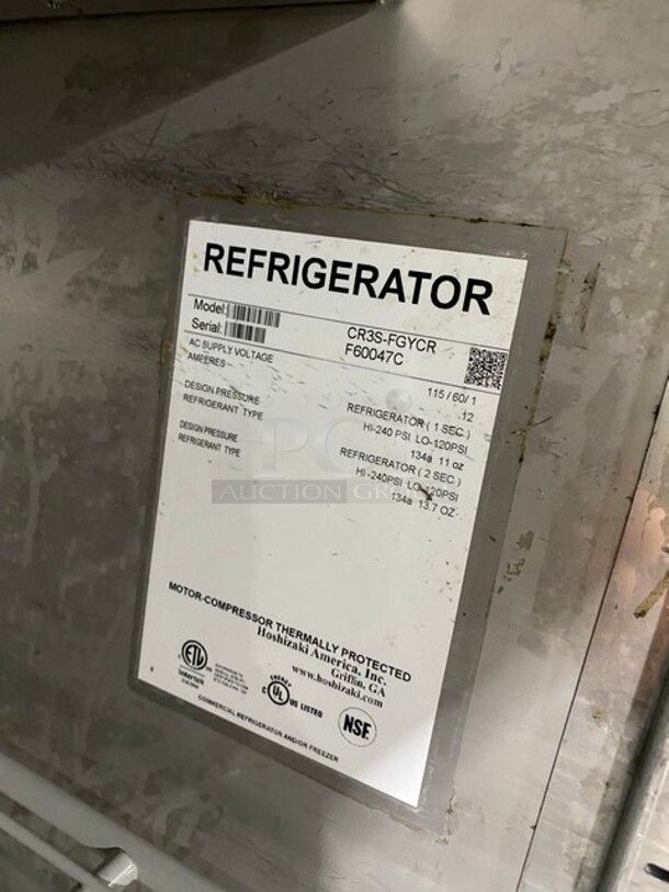 Hoshizaki Commercial 3 Door Reach In Cooler Merchandiser! With View Through Doors! Poly Coated Racks! All Stainless Steel Body! Model: CR3SFGYCR SN: F60047C 115V 60HZ 1 Phase - Image 9 of 9