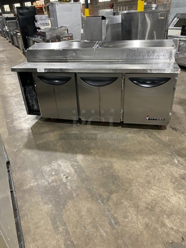 Victory Commercial Refrigerated Pizza Prep Table! With 3 Door Storage Space Underneath! All Stainless Steel! Model: VPT88 SN: P0277405 115V 60HZ 1 Phase