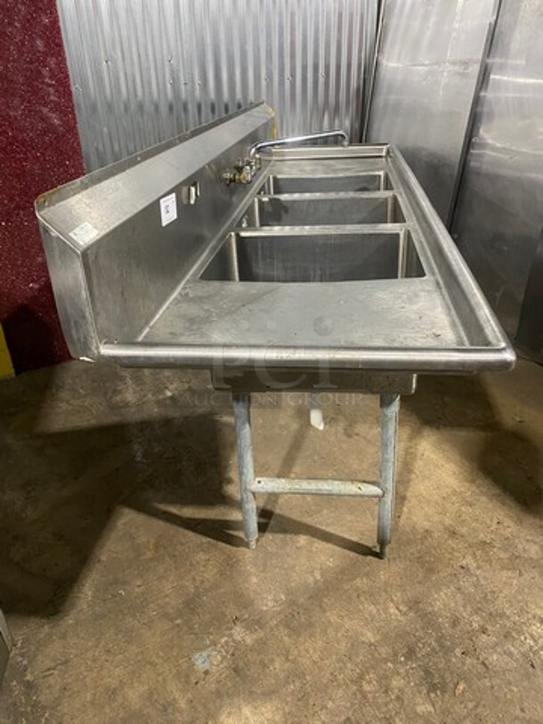 WOW ! SSP All Stainless Steel HEAVY GAGE Commercial 3 Compartment Dish Washing Sink! With Dual Side Drain Board! With Faucet And Handles! With Back Splash! All Stainless Steel! On Legs! - Image 2 of 12