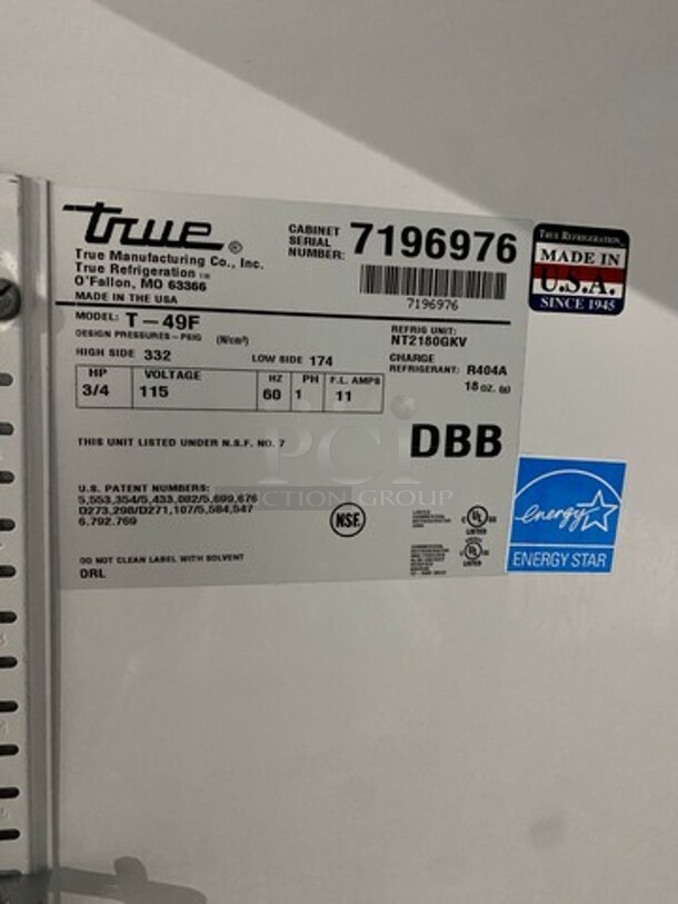 True Commercial 2 Door Reach In Freezer! With Poly Coated Racks! All Stainless Steel! On Casters! Model: T49F SN: 7196976 115V 60HZ 1 Phase - Image 8 of 12