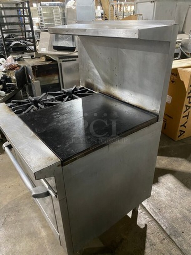 Garland Commercial Natural Gas Powered Hot Plate With Left Side 2 Burner Range! With Raised Splash Back And Salamander Shelf! With Oven Underneath! All Stainless Steel! On Legs! - Image 3 of 9