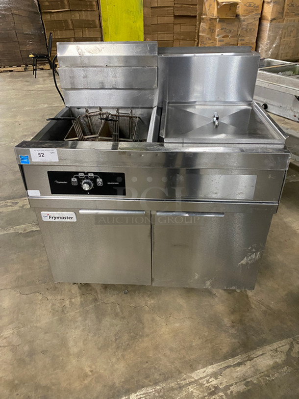 Frymaster Commercial Natural Gas Powered Deep Fat Fryer! With Side Dumping Station! With Back Splash! 2 Metal Frying Baskets! All Stainless Steel! On Casters! Model: 11814NSC SN: 1412PO0003