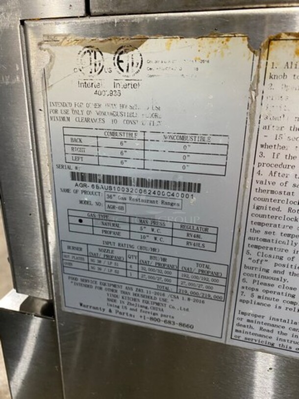 Cook Rite Commercial Natural Gas Powered 6 Burner Stove! With Raised Back Splash And Salamander Shelf! With Oven Underneath! Metal Oven Rack! All Stainless Steel! Model: AGR6B SN: AGR6BAUS100320062400C40001! Working When Removed! - Image 9 of 10