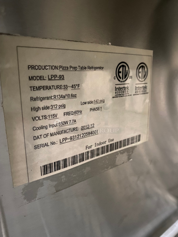 WoW! NEVER USED! All Stainless Steel Commercial Refrigerated Pizza Prep Table! With Commercial Cutting Board! With 3 Door Underneath Storage Space! With Poly Coated Racks! All Stainless Steel! On Casters! Model: LPP93 SN: LPP9312120584001 115V 60HZ 1 Phase - Image 8 of 11