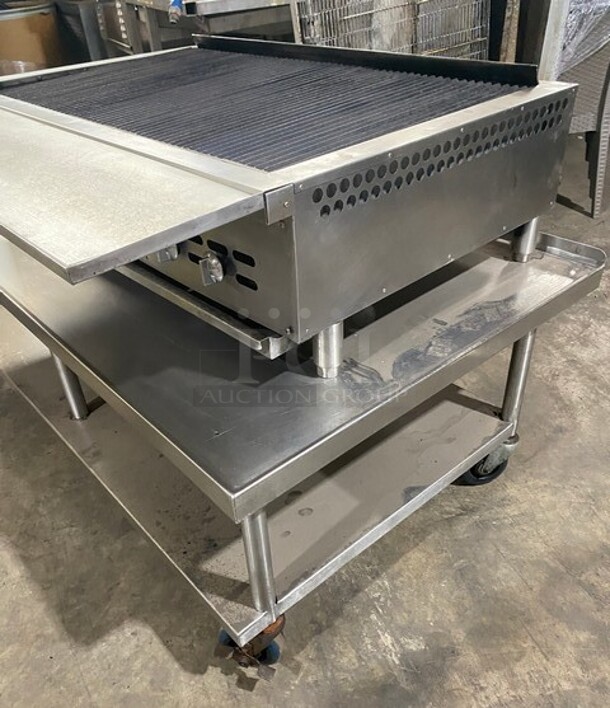 Bakers Pride Commercial Countertop Natural Gas Powered 48 Inch Char Broiler Grill! On Commercial 60 Inch Equipment Stand! With Underneath Storage Space! All Stainless Steel! On Casters! Working When Removed! Model XX8 Serial 592381707002! - Image 2 of 10