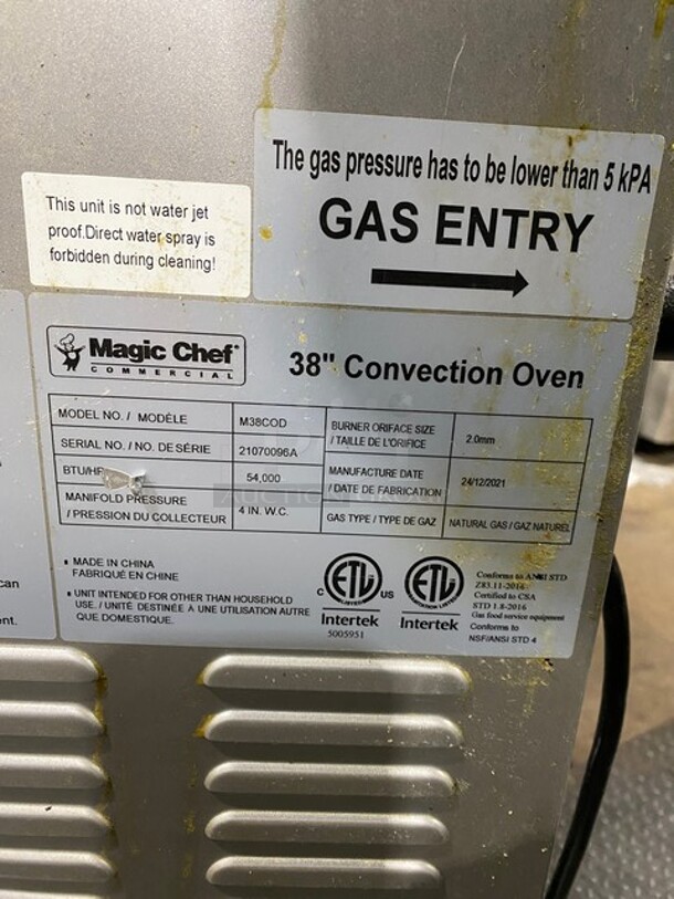 Nice! 2021 Magic Chef 38in Natural Gas Powered Commercial Convection Oven Stainless Steel! On Commercial Casters! Working When Removed! MODEL M38COD SN:21070096A  - Image 9 of 12