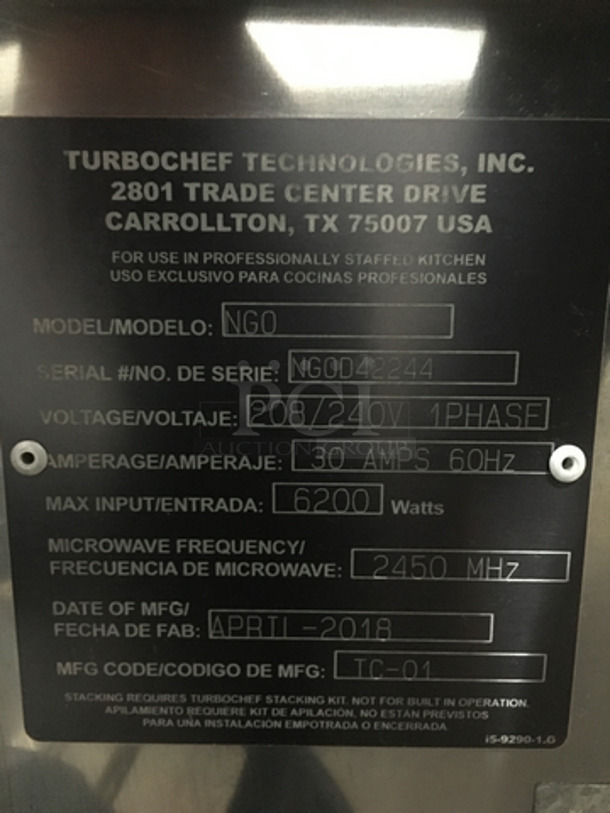 LATE MODEL! 2018 Turbo Chef Commercial Countertop Rapid Cook Oven! On Small Legs! Model: NGO SN: NGOD42244 208/240V 60HZ 1 Phase - Image 5 of 7