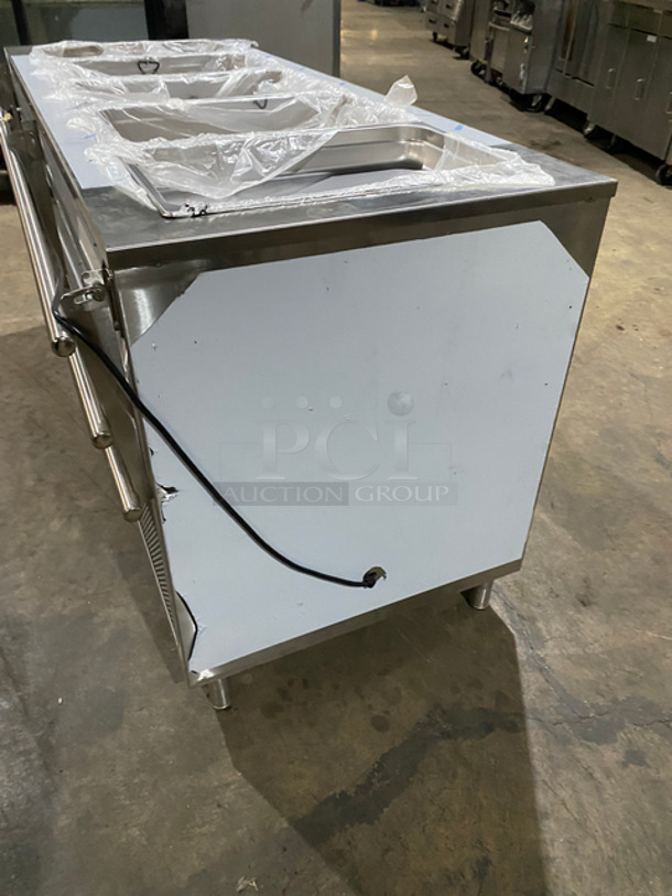 NEW! NEVER USED! Bayonne Commerical 5 Bay Cold Pan/Cold Food Buffet Counter! With Folding Serving Counter! With 2 Shelf Storage Underneath! All Stainless Steel! On Legs! Model: CPM-72 SN:7195 120V 60HZ 1 Phase! - Image 3 of 11