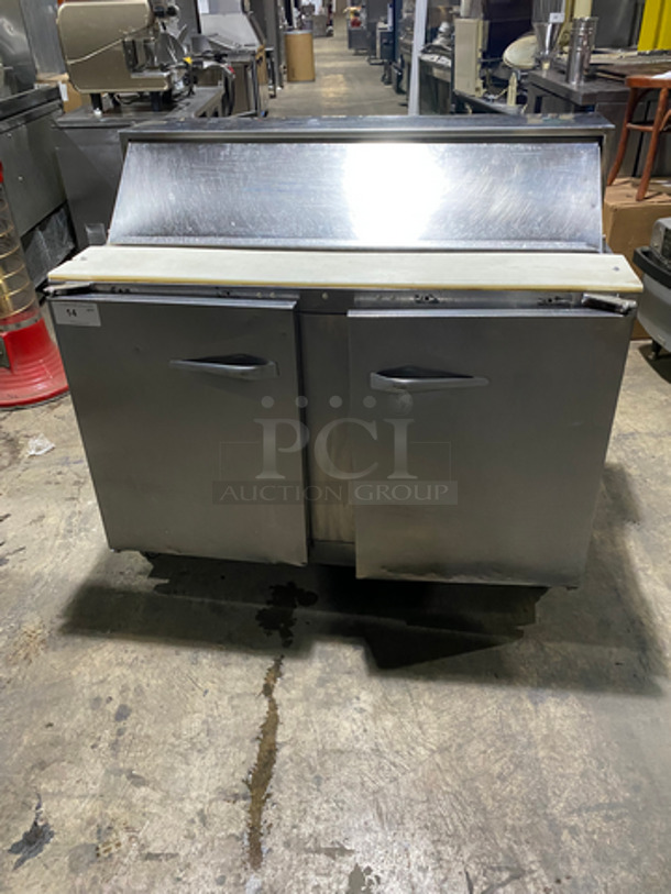 Traulsen Commercial Refrigerated Sandwich Prep Table! With Commercial Cutting Board! With 2 Door Storage Space Underneath! All Stainless Steel! On Casters! 115V 60HZ 1 Phase
