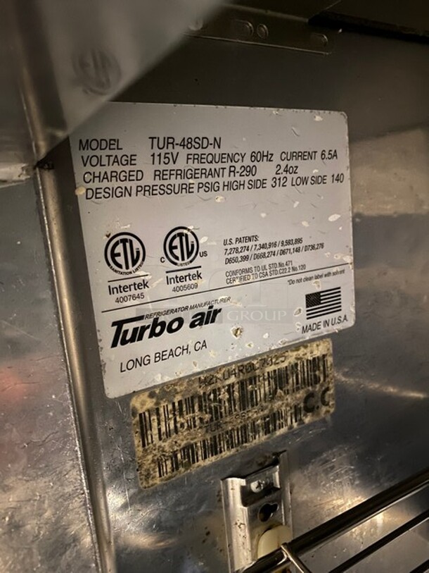 NICE! Turbo Air 2 Door Worktop Cooler With 2 Racks On Casters! Stainless Steel! MODEL TUR48SDN 115V  - Image 7 of 8
