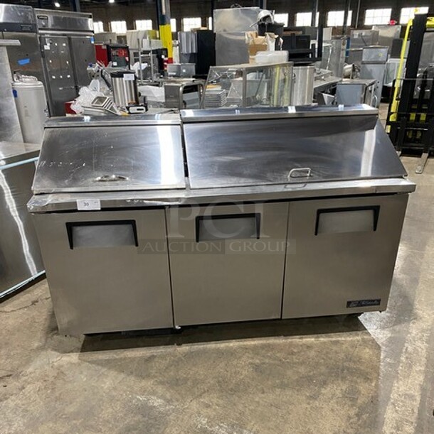 True Commercial Refrigerated Mega Top Sandwich Prep Table! With 3 Door Storage Space Underneath! Poly Coated Racks! All Stainless Steel! On Casters! Model: TSSU7218 SN: 14477571! 115V 60HZ 1 Phase! - Image 1 of 9