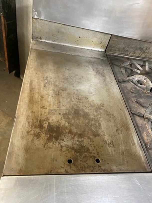 Vulcan Commercial Natural Gas Powered French Top/ Hot Plate Stove With Right Side 2 Burner! With Raised Back Splash! With Oven Underneath! All Stainless Steel! On Legs! Model: GH7245 SN: 481109901AT - Image 8 of 12