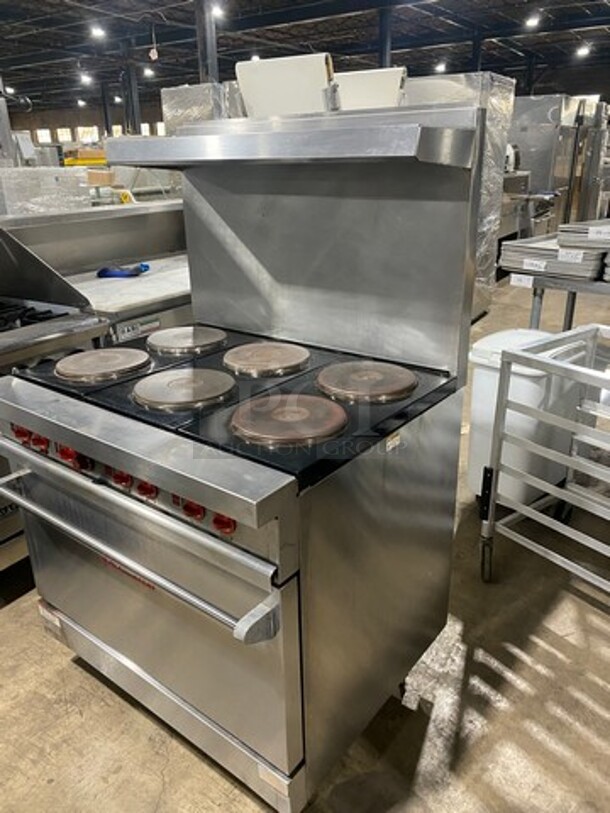 Nice! Vulcan Commercial 6 Burner Stove! With Raised Back Splash And Salamander Shelf! With Oven Underneath! Metal Oven Racks! All Stainless Steel! Model E36 Serial 485! 208/240V 1 Phase! Working When Removed! On Legs! - Image 2 of 11
