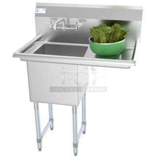 BRAND NEW SCRATCH AND DENT! 33 In. One Compartment Stainless Steel Commercial Sink With Drainboard, Bowl Size 15"X 15"X 12". - IN THE BOX