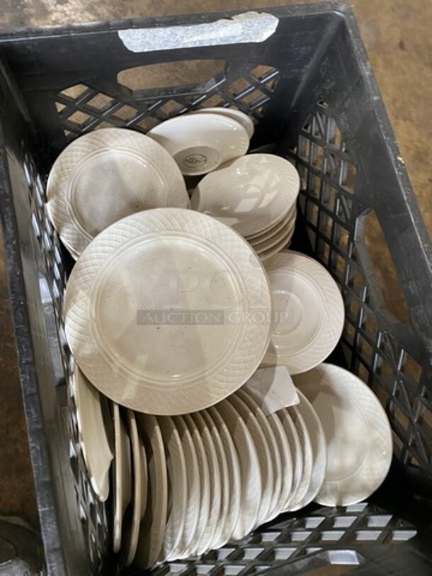 ALL ONE MONEY! Homer Laughlin White Ceramic Assorted Size Plates! Includes Black Poly Crate! - Image 2 of 5
