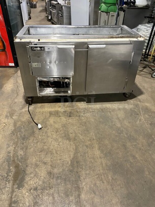 Leader Commercial Refrigerated Sandwich Prep Table! With 3 Door Storage Space Underneath! Poly Coated Racks! With Rear View Through Window! All Stainless Steel! On Casters! Model: LM60SC SN: GY09M0410A 115V 60HZ 1 Phase