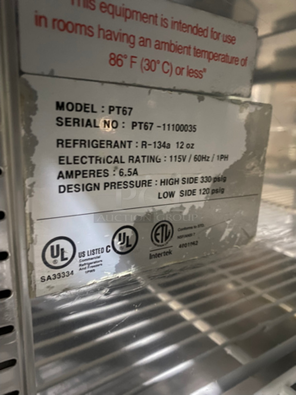 Commercial Refrigerated Pizza Prep Table! With 2 Door Underneath Storage Space! With Poly Coated Racks! All Stainless Steel! On Casters! Model: PT67 SN: 11100035 115V 60HZ 1 Phase - Image 8 of 11