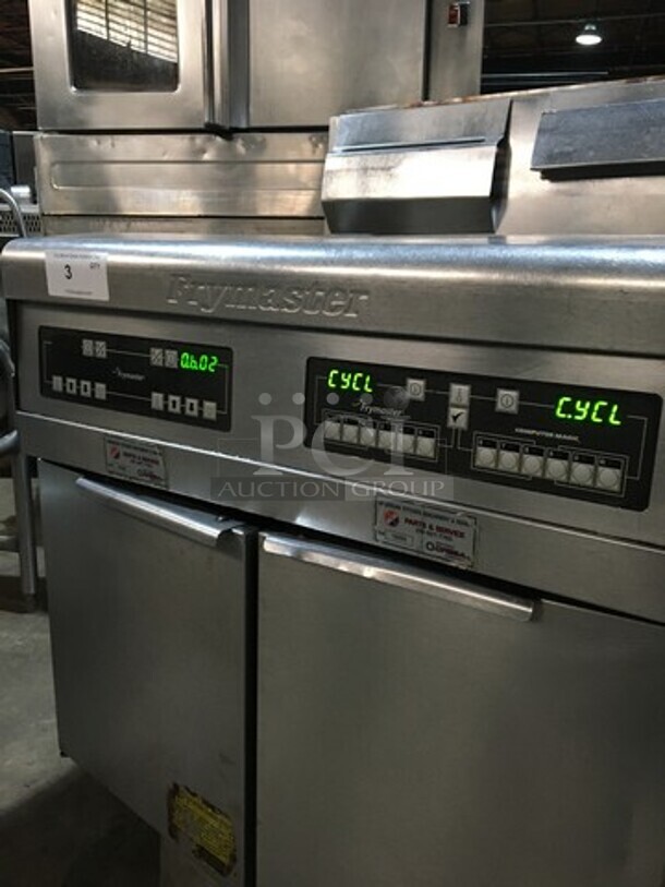FAB! Frymaster Natural Gas Powered 3 Bay Deep Fat Fryer! With Middle Fryer Basket Rack! With Oil Filter System! All Stainless Steel! On Casters! Model FMPH355CSC Serial 0803IJ0021! - Image 8 of 12