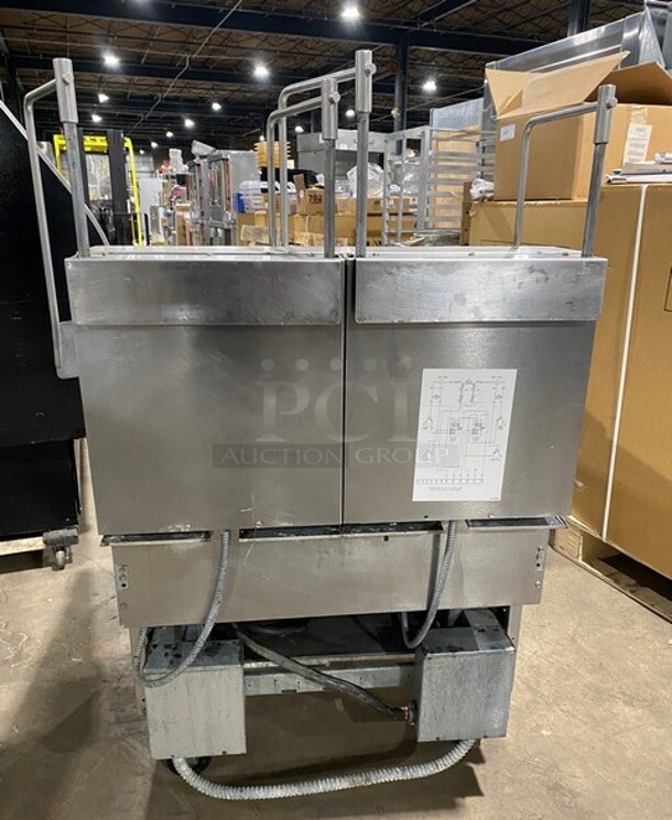 Frymaster Commercial Electric Powered 2 Bay Deep Fat Fryer! With Hydraulic Lift, Metal Frying Baskets! All Stainless Steel! On Casters! MODEL FPRE217BLCSE SN:1103NE0091 208V 3PH  - Image 3 of 10
