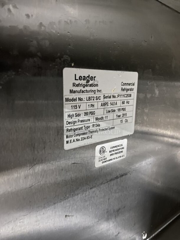 Leader 72 Inch 3 Door Refrigerated Lowboy Cooler! Model LB72S/C Serial PY11C2538! 115V 1 Phase! On Commercial Casters! - Image 7 of 8