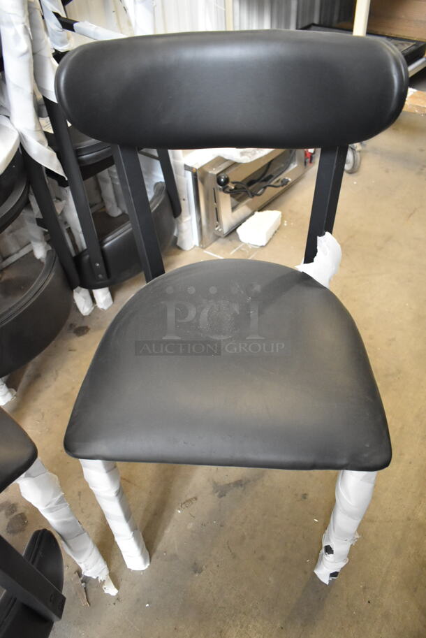12 BRAND NEW SCRATCH AND DENT! Lancaster Table & Seating Black Metal Dining Height Chair w/ Black Cushion. 12 Times Your Bid! - Item #1113244