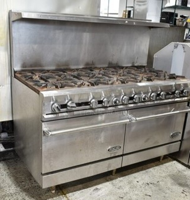 Dynamic Cooking Systems DCS 60-10-2N Stainless Steel Commercial Natural Gas Powered 10 Burner Range w/ 2 Ovens, Over Shelf and Back Splash. 