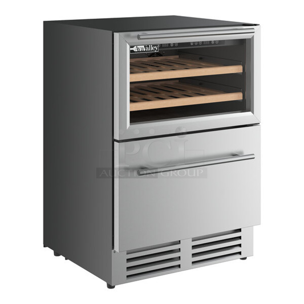 BRAND NEW SCRATCH AND DENT! AvaValley 342DSR20DZ Stainless Steel Dual Temperature Beverage Cooler Merchandiser with Top Shelf and Bottom Drawer. 120 Volts, 1 Phase. Tested and Working!
