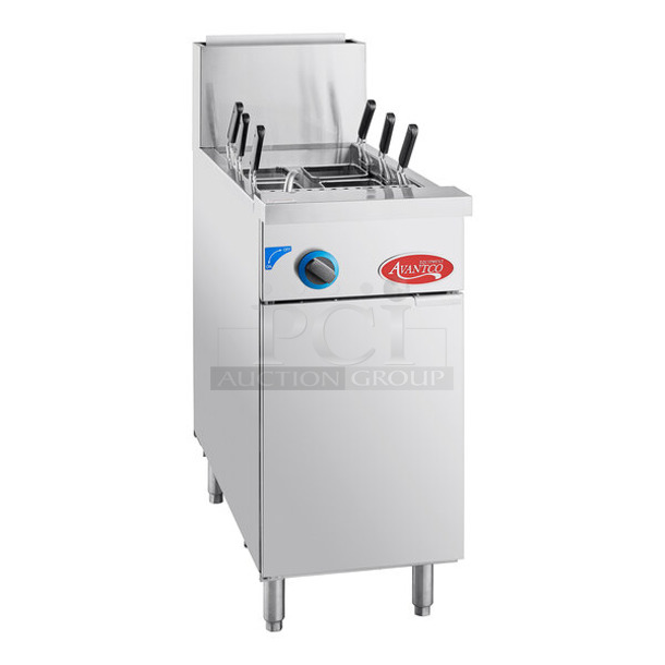 BRAND NEW SCRATCH AND DENT! 2023 Avantco 177FPC11NL Stainless Steel Commercial Floor Style Natural Gas Powered Pasta Cooker w/ 6 Metal Fry Baskets. 70,000 BTU. 