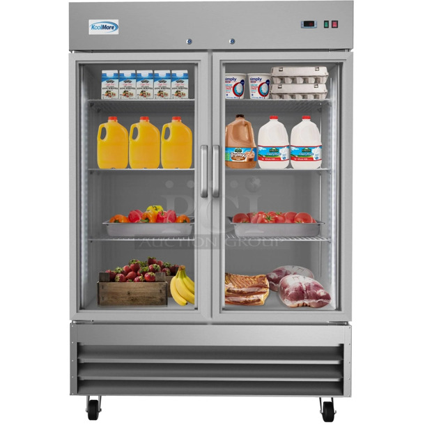 BRAND NEW SCRATCH AND DENT! KoolMore RIR-2D-GD Stainless Steel Commercial 2 Door Reach In Cooler Merchandiser. 115 Volts, 1 Phase. Tested and Working! - Image 1 of 6
