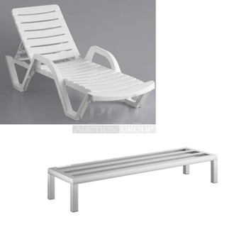 4 BRAND NEW SCRATCH AND DENT! Items; 1 White Resin Chaise Lounger and 3 Aluminum Dunnage Racks Including Regency 600DUN2036, Regency 600DUN1448, Regency 600DUN122060. See Pictures For Damage. 4 Times Your Bid!