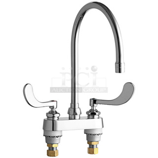 BRAND NEW SCRATCH AND DENT! Chicago 611943488192 895-317GN8AE35ABCP Deck-Mounted Faucet with 4" Centers and 8" Rigid / Swing Gooseneck Spout