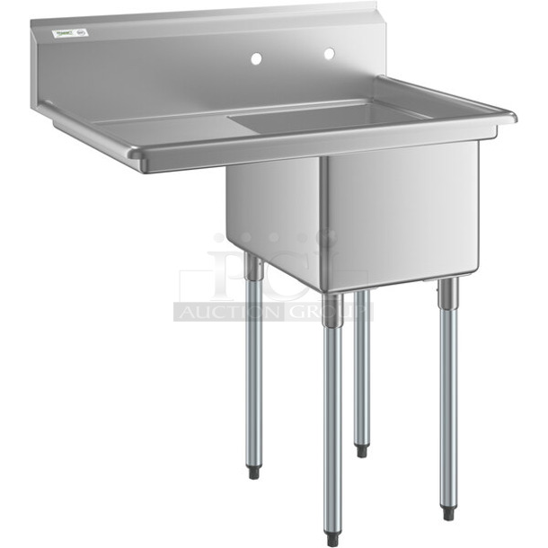 BRAND NEW SCRATCH AND DENT! Regency 600S1162018L 36 1/2" 16 Gauge Stainless Steel One Compartment Commercial Sink with Galvanized Steel Legs and 1 Drainboard - 16" x 20" x 12" Bowl - Image 1 of 9