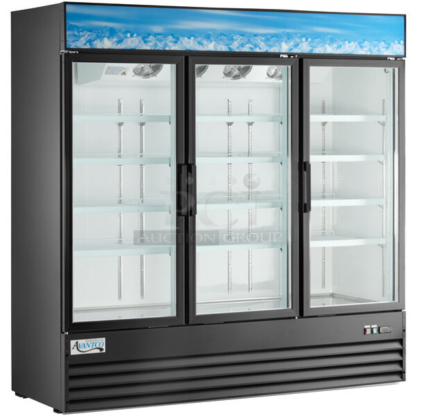 BRAND NEW SCRATCH AND DENT! 2024 Avantco 178GDC69HCB Metal Commercial 78 1/4" Black Customizable Swing Glass Door Merchandiser Refrigerator with LED Lighting. 115 Volts, 1 Phase. Tested and Working! - Image 1 of 7