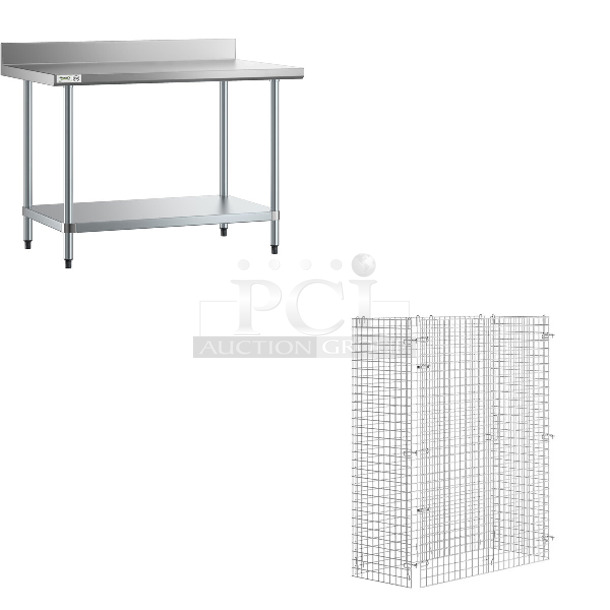 2 BRAND NEW SCRATCH AND DENT! Regency 600TB3048G 30" x 48" 18-Gauge 304 Stainless Steel Commercial Work Table with 4" Backsplash and Galvanized Undershelf and Regency 460ECSC2448 NSF Chrome Wire Security Cage - 24" x 48" x 61". 2 Times Your Bid! May Be Missing Pieces.  - Image 1 of 4